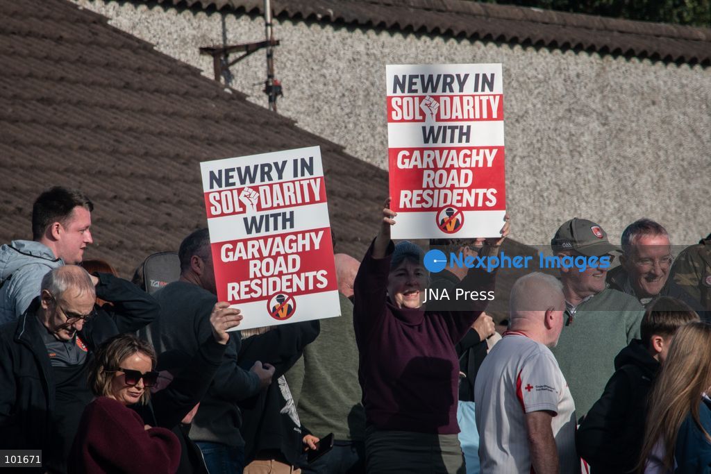 PORTADOWN, NORTHERN IRELAND, OCTOBER 3, 2026: Thousands of people gather near Garvaghy Road in Portadown during a solidarity rally on the seventh day of protests against an Orange Order parade through the area. Participants travelled from across Ireland to support the local community amid the continuing dispute over the proposed parade route. Organizers estimated that around 10,000 people attended the rally. Photo by Nadia Caimi / JNA Press. (Photo by Nadia Caimi/JNA Press via Nexpher Images)