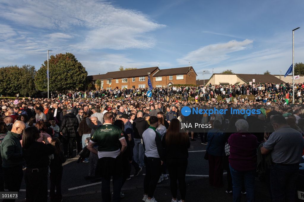 PORTADOWN, NORTHERN IRELAND, OCTOBER 3, 2026: Thousands of people gather near Garvaghy Road in Portadown during a solidarity rally on the seventh day of protests against an Orange Order parade through the area. Participants travelled from across Ireland to support the local community amid the continuing dispute over the proposed parade route. Organizers estimated that around 10,000 people attended the rally. Photo by Nadia Caimi / JNA Press. (Photo by Nadia Caimi/JNA Press via Nexpher Images)