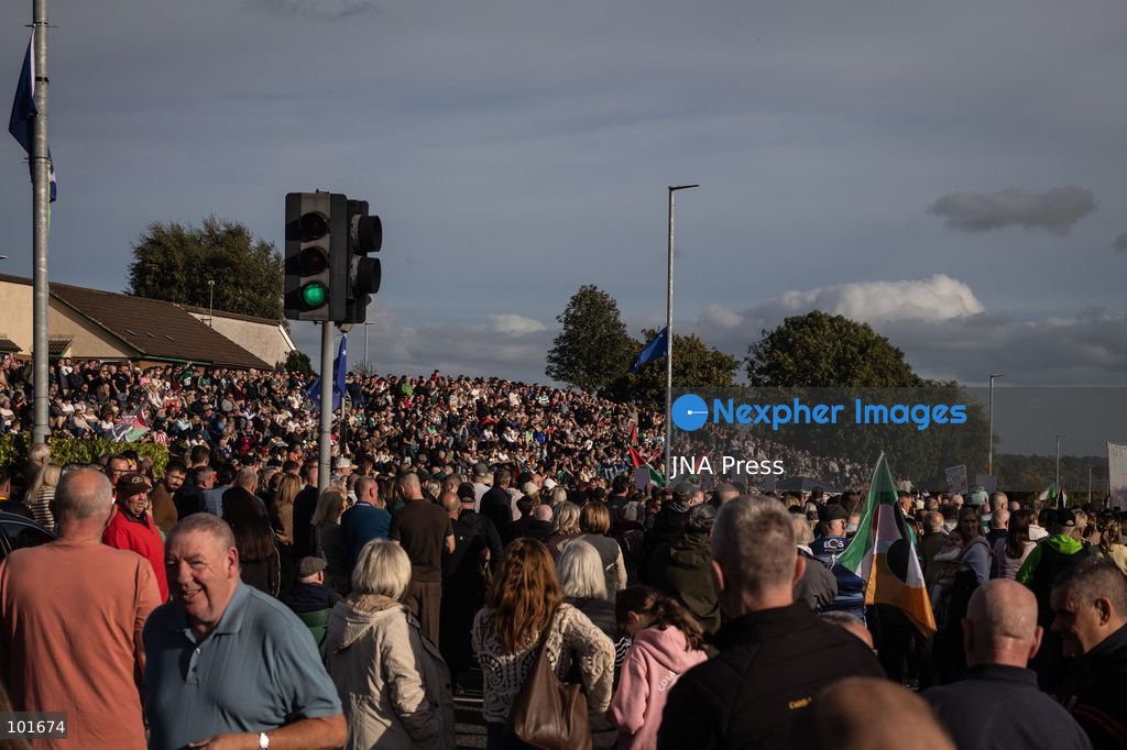PORTADOWN, NORTHERN IRELAND, OCTOBER 3, 2026: Thousands of people gather near Garvaghy Road in Portadown during a solidarity rally on the seventh day of protests against an Orange Order parade through the area. Participants travelled from across Ireland to support the local community amid the continuing dispute over the proposed parade route. Organizers estimated that around 10,000 people attended the rally. Photo by Nadia Caimi / JNA Press. (Photo by Nadia Caimi/JNA Press via Nexpher Images)