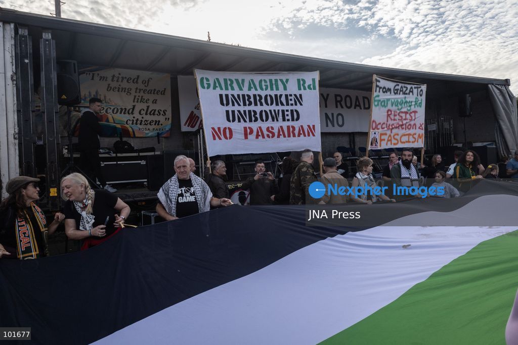 PORTADOWN, NORTHERN IRELAND, OCTOBER 3, 2026: Thousands of people gather near Garvaghy Road in Portadown during a solidarity rally on the seventh day of protests against an Orange Order parade through the area. Participants travelled from across Ireland to support the local community amid the continuing dispute over the proposed parade route. Organizers estimated that around 10,000 people attended the rally. Photo by Nadia Caimi / JNA Press. (Photo by Nadia Caimi/JNA Press via Nexpher Images)