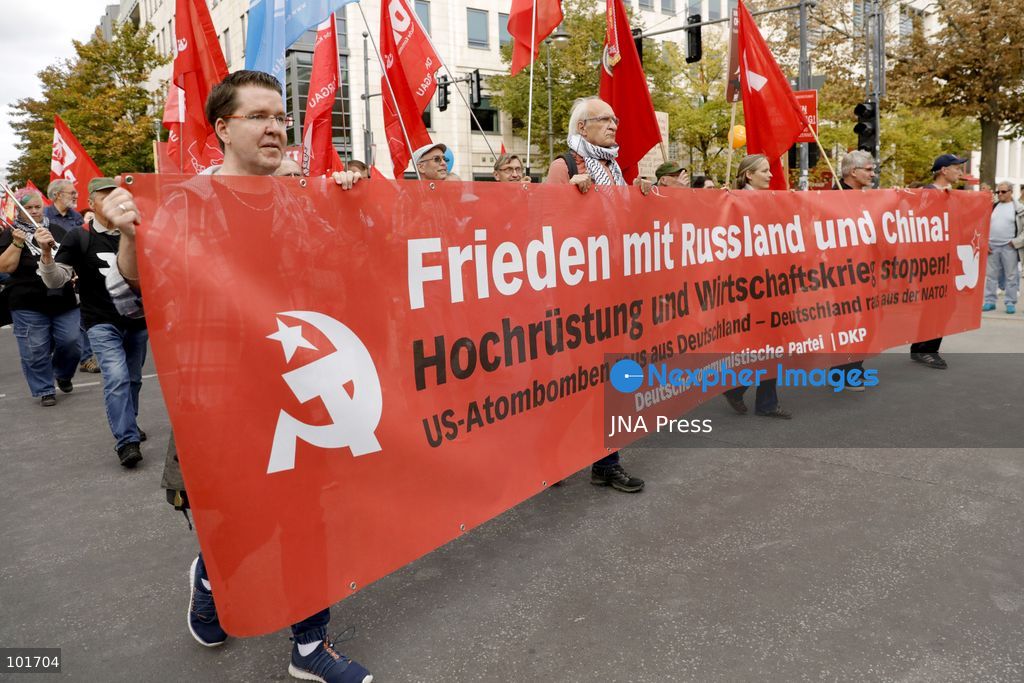 BERLIN, GERMANY, OCTOBER 3, 2026: Thousands of people march through central Berlin during a peace demonstration against military rearmament, compulsory military service and war on German Unity Day. Protesters gathered near the Brandenburg Gate before marching through the city, with trade unions, peace movements, political groups and a pro-Palestinian bloc taking part. Berlin police estimated attendance at around 5,800, while organizers put the number at more than 20,000. Police detained at least two protesters during the demonstration. Photo by Alessia Cocca / JNA Press (Photo by Alessia Cocca/JNA Press via Nexpher Images)