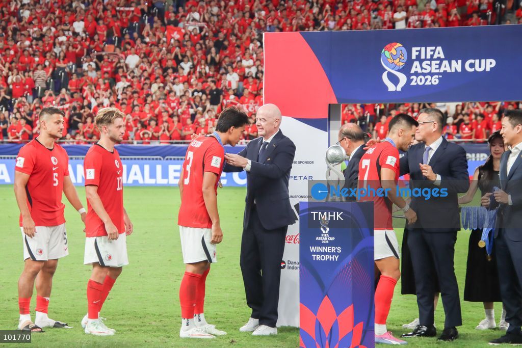 FIFA President Gianni Infantino presents medals to players of Hong Kong, China following their victory over Cambodia in the FIFA ASEAN Challenge Cup final at Kai Tak Stadium in Hong Kong on October 3, 2026. (Photo by Gordon Choi/TMHK via Nexpher Images)