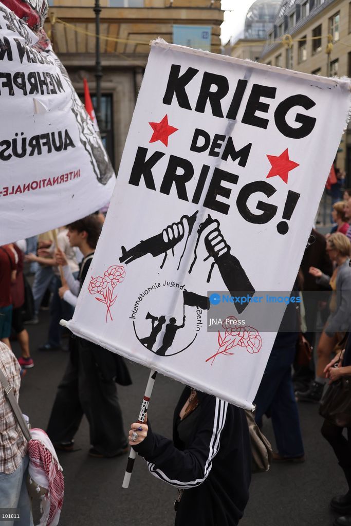 BERLIN, GERMANY, OCTOBER 3, 2026: Thousands of demonstrators march through central Berlin during a protest against Germany's military buildup, increased defense spending and the possible reintroduction of compulsory military service. Protesters called for greater investment in healthcare, housing, education and other social services instead of military spending, while participants also demonstrated against German arms deliveries and support for Israel amid the war in Gaza. The march began at the Brandenburg Gate and continued through central Berlin before returning to the area. Photo by Zaira Bilagini / JNA Press. (Photo by Zaira Biagini/JNA Press via Nexpher Images)