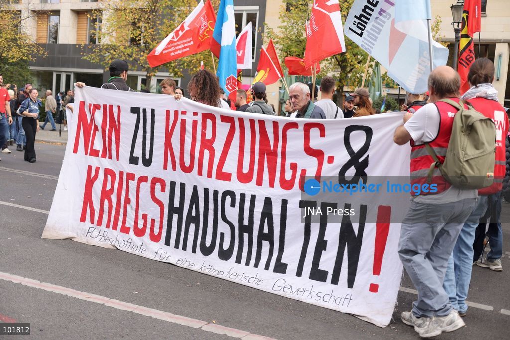 BERLIN, GERMANY, OCTOBER 3, 2026: Thousands of demonstrators march through central Berlin during a protest against Germany's military buildup, increased defense spending and the possible reintroduction of compulsory military service. Protesters called for greater investment in healthcare, housing, education and other social services instead of military spending, while participants also demonstrated against German arms deliveries and support for Israel amid the war in Gaza. The march began at the Brandenburg Gate and continued through central Berlin before returning to the area. Photo by Zaira Bilagini / JNA Press. (Photo by Zaira Biagini/JNA Press via Nexpher Images)