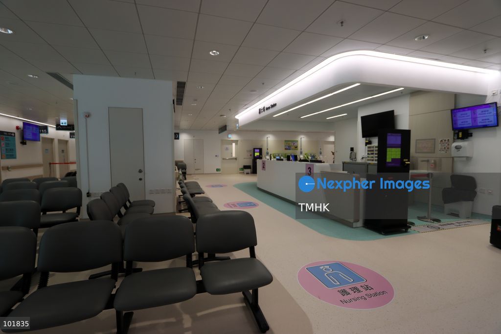 A general view shows the newly fitted outpatient clinic registration counters and patient waiting areas inside the Specialist Outpatient and Oncology Block at Kai Tak Hospital on October 4, 2026 in Hong Kong, ready to welcome its first batch of registered patients tomorrow. (Photo by Gordon Choi/TMHK via Nexpher Images)