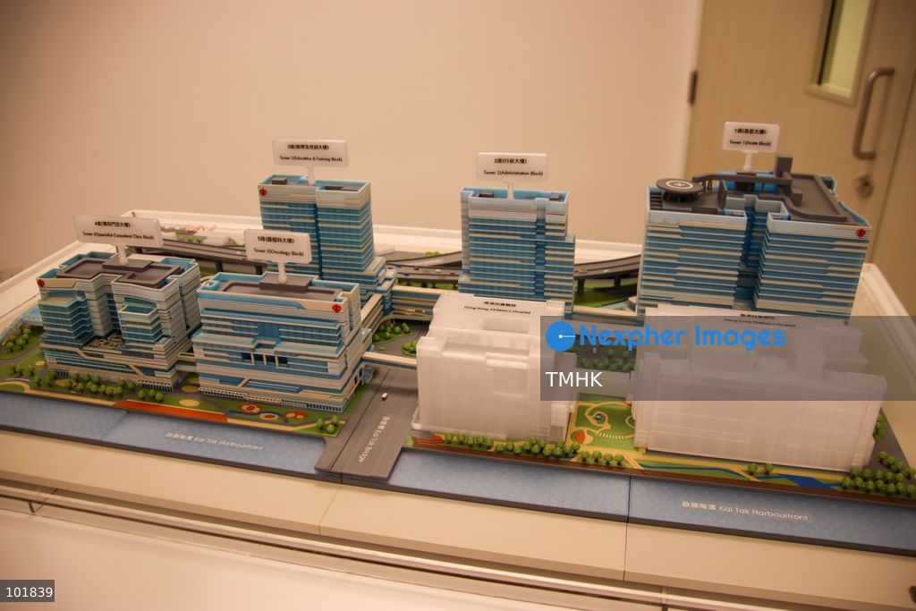 An architectural scale model depicting the complete layout and clinical blocks of the newly built Kai Tak Hospital is displayed during a media briefing on October 4, 2026 in Hong Kong, showcasing the multi-building campus before its initial phase opens to the public. (Photo by Gordon Choi/TMHK via Nexpher Images)