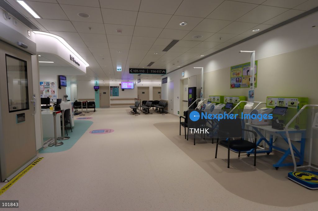 A general view shows the newly fitted outpatient clinic registration counters and patient waiting areas inside the Specialist Outpatient and Oncology Block at Kai Tak Hospital on October 4, 2026 in Hong Kong, ready to welcome its first batch of registered patients tomorrow. (Photo by Gordon Choi/TMHK via Nexpher Images)