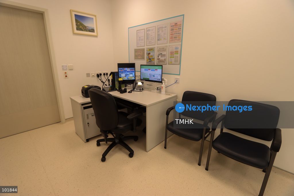 A general view shows the newly fitted outpatient clinic registration counters and patient waiting areas inside the Specialist Outpatient and Oncology Block at Kai Tak Hospital on October 4, 2026 in Hong Kong, ready to welcome its first batch of registered patients tomorrow. (Photo by Gordon Choi/TMHK via Nexpher Images)