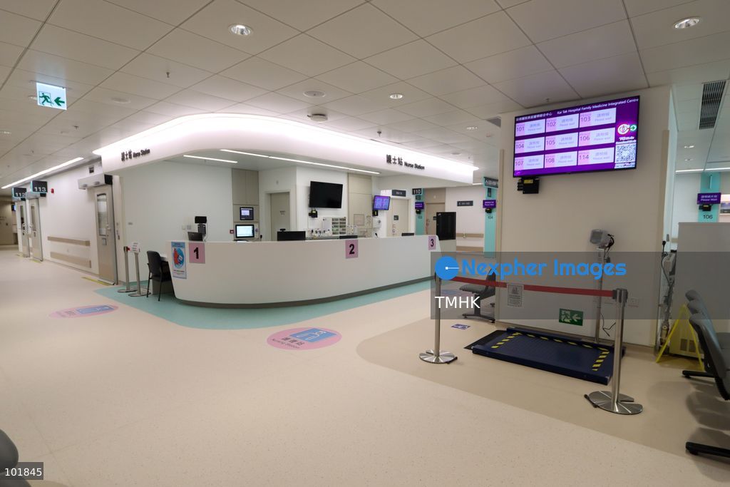 A general view shows the newly fitted outpatient clinic registration counters and patient waiting areas inside the Specialist Outpatient and Oncology Block at Kai Tak Hospital on October 4, 2026 in Hong Kong, ready to welcome its first batch of registered patients tomorrow. (Photo by Gordon Choi/TMHK via Nexpher Images)