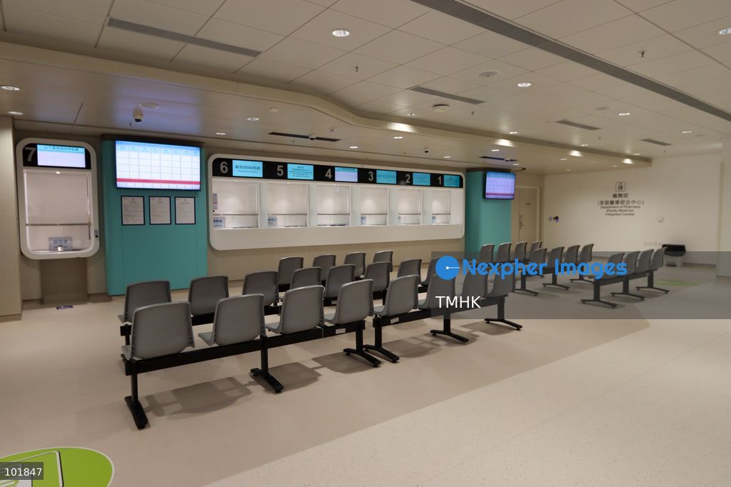 A general view shows the newly fitted outpatient clinic registration counters and patient waiting areas inside the Specialist Outpatient and Oncology Block at Kai Tak Hospital on October 4, 2026 in Hong Kong, ready to welcome its first batch of registered patients tomorrow. (Photo by Gordon Choi/TMHK via Nexpher Images)