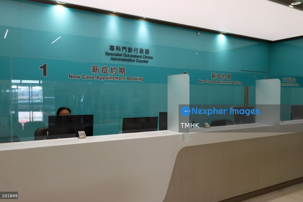 A general view shows the newly fitted outpatient clinic registration counters and patient waiting areas inside the Specialist Outpatient and Oncology Block at Kai Tak Hospital on October 4, 2026 in Hong Kong, ready to welcome its first batch of registered patients tomorrow. (Photo by Gordon Choi/TMHK via Nexpher Images)