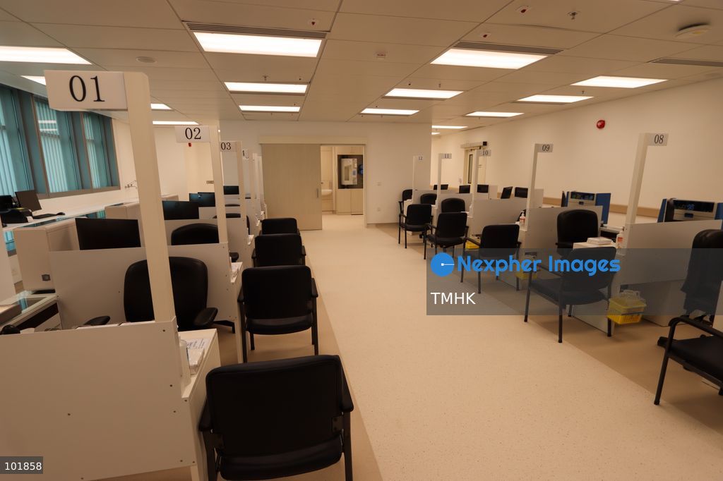 A general view shows the newly fitted outpatient clinic registration counters and patient waiting areas inside the Specialist Outpatient and Oncology Block at Kai Tak Hospital on October 4, 2026 in Hong Kong, ready to welcome its first batch of registered patients tomorrow. (Photo by Gordon Choi/TMHK via Nexpher Images)