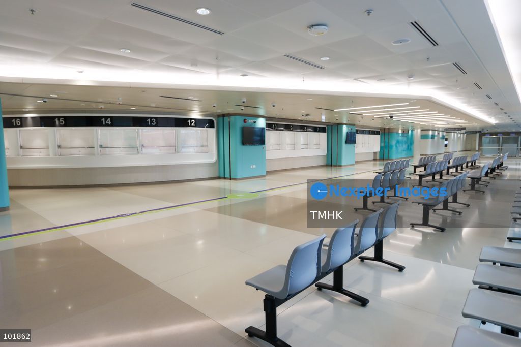 A general view shows the newly fitted outpatient clinic registration counters and patient waiting areas inside the Specialist Outpatient and Oncology Block at Kai Tak Hospital on October 4, 2026 in Hong Kong, ready to welcome its first batch of registered patients tomorrow. (Photo by Gordon Choi/TMHK via Nexpher Images)