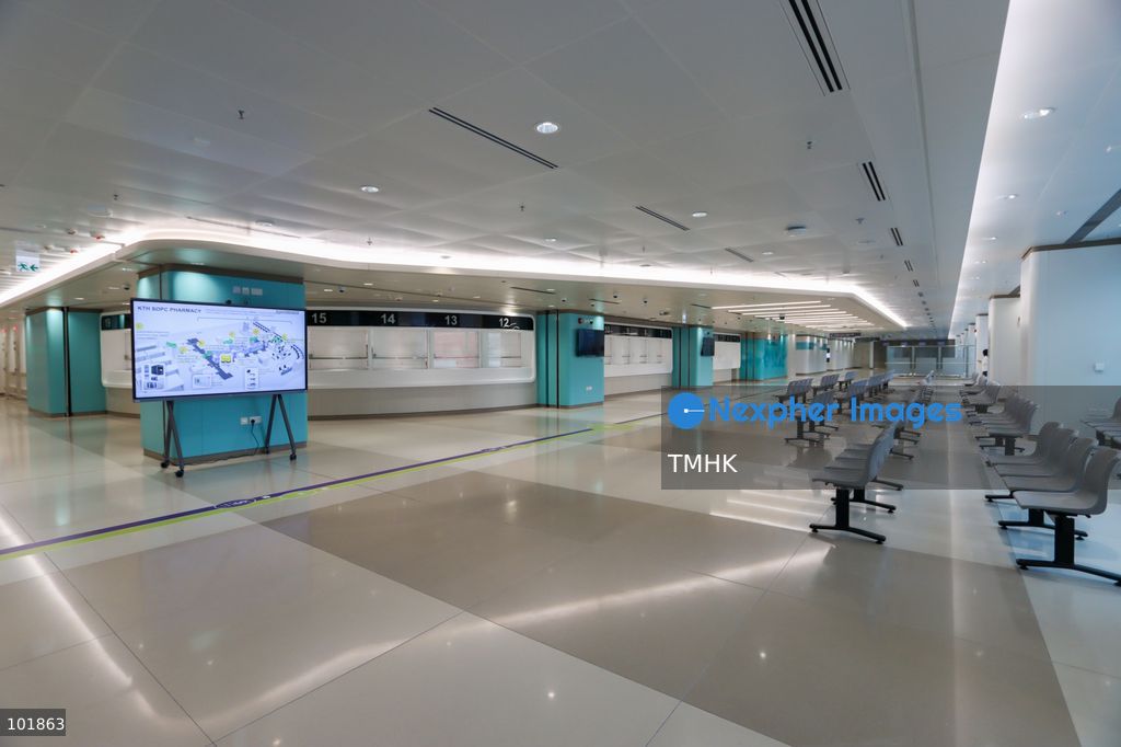 A general view shows the newly fitted outpatient clinic registration counters and patient waiting areas inside the Specialist Outpatient and Oncology Block at Kai Tak Hospital on October 4, 2026 in Hong Kong, ready to welcome its first batch of registered patients tomorrow. (Photo by Gordon Choi/TMHK via Nexpher Images)