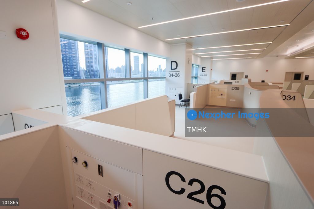 A general view shows the newly fitted outpatient clinic registration counters and patient waiting areas inside the Specialist Outpatient and Oncology Block at Kai Tak Hospital on October 4, 2026 in Hong Kong, ready to welcome its first batch of registered patients tomorrow. (Photo by Gordon Choi/TMHK via Nexpher Images)