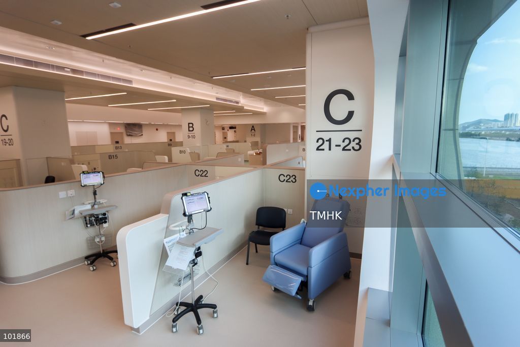 A general view shows the newly fitted outpatient clinic registration counters and patient waiting areas inside the Specialist Outpatient and Oncology Block at Kai Tak Hospital on October 4, 2026 in Hong Kong, ready to welcome its first batch of registered patients tomorrow. (Photo by Gordon Choi/TMHK via Nexpher Images)