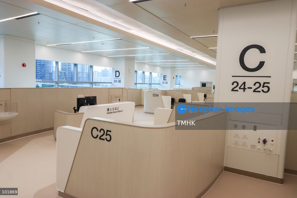 A general view shows the newly fitted outpatient clinic registration counters and patient waiting areas inside the Specialist Outpatient and Oncology Block at Kai Tak Hospital on October 4, 2026 in Hong Kong, ready to welcome its first batch of registered patients tomorrow. (Photo by Gordon Choi/TMHK via Nexpher Images)