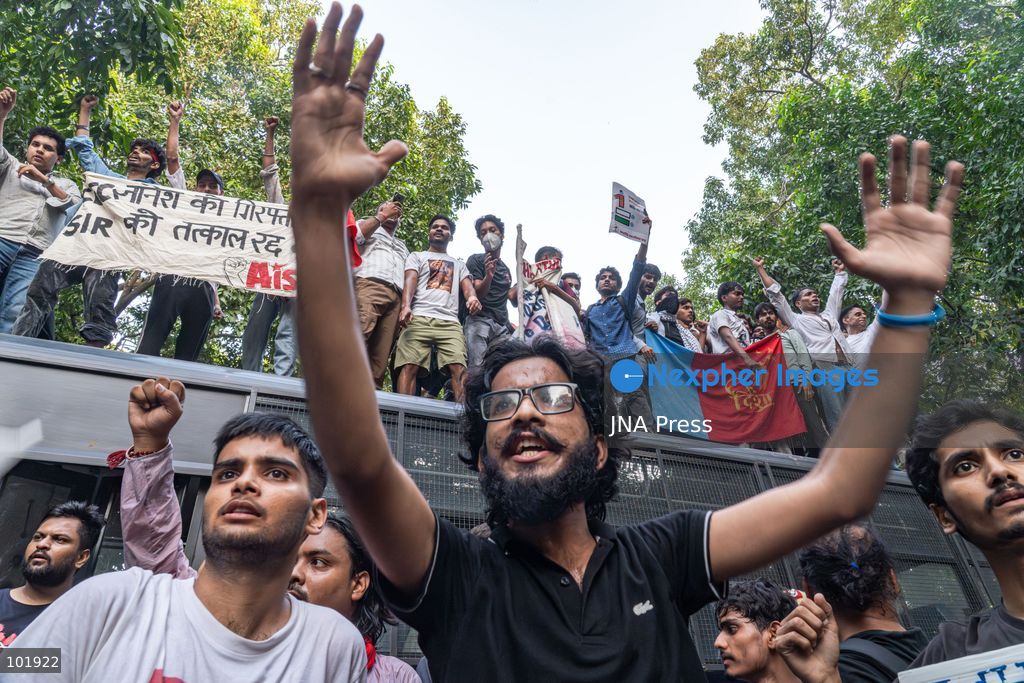 NEW DELHI, INDIA, OCTOBER 4, 2026: Citizens and opposition activists march in New Delhi demanding the resignation of Chief Election Commissioner Gyanesh Kumar and the cancellation of the Special Intensive Revision of electoral rolls. Demonstrators raised concerns over the voter-roll revision process as opposition groups continued protests against the Election Commission. Photo by Yanni Rawat / JNA Press. (Photo by yanni rawat/JNA Press via Nexpher Images)