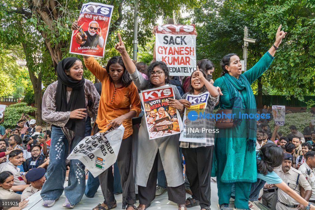 NEW DELHI, INDIA, OCTOBER 4, 2026: Citizens and opposition activists march in New Delhi demanding the resignation of Chief Election Commissioner Gyanesh Kumar and the cancellation of the Special Intensive Revision of electoral rolls. Demonstrators raised concerns over the voter-roll revision process as opposition groups continued protests against the Election Commission. Photo by Yanni Rawat / JNA Press. (Photo by yanni rawat/JNA Press via Nexpher Images)