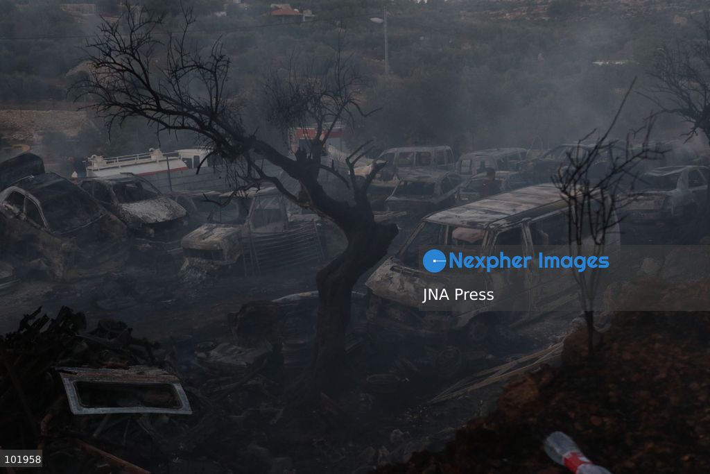 SILWAD, WEST BANK, PALESTINE – OCTOBER 4, 2026: Israeli settlers set fire to olive trees and a car scrap yard between the villages of Ein Yabrud and Silwad, according to the information provided. The owner of the repair shop said more than 50 cars were destroyed in the fire. The incident occurred amid ongoing attacks targeting Palestinian property and agricultural land in the area. Fires affecting olive trees and other Palestinian property have also been reported in areas around Silwad. Photo by Salman Mohsen Alkhatib / JNA Press (Photo by Salman Mohsen Alkhatib/JNA Press via Nexpher Images)