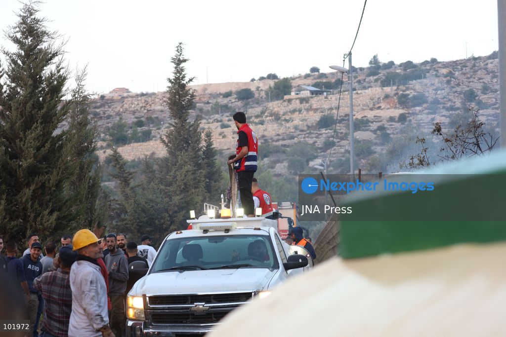 SILWAD, WEST BANK, PALESTINE – OCTOBER 4, 2026: Israeli settlers set fire to olive trees and a car scrap yard between the villages of Ein Yabrud and Silwad, according to the information provided. The owner of the repair shop said more than 50 cars were destroyed in the fire. The incident occurred amid ongoing attacks targeting Palestinian property and agricultural land in the area. Fires affecting olive trees and other Palestinian property have also been reported in areas around Silwad. Photo by Salman Mohsen Alkhatib / JNA Press (Photo by Salman Mohsen Alkhatib/JNA Press via Nexpher Images)