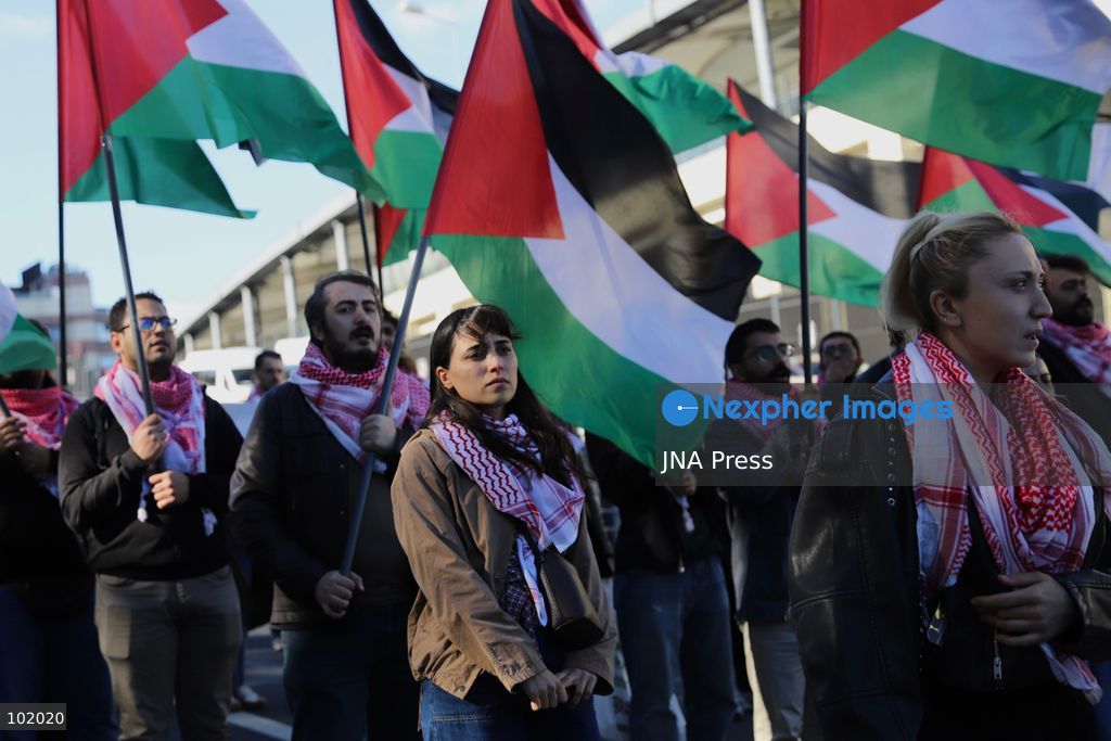 ISTANBUL, TURKIYE, OCTOBER 4, 2026: Demonstrators from left-wing and socialist organizations march from Taksim toward Dolmabahce in Istanbul in solidarity with Palestinians. Participants carried Palestinian flags and chanted slogans while protesting Israel’s military operations in Gaza and calling attention to the humanitarian situation facing Palestinians. Photo by Dilara Acikgoz / JNA Press. (Photo by Dilara Acikgoz/JNA Press via Nexpher Images)