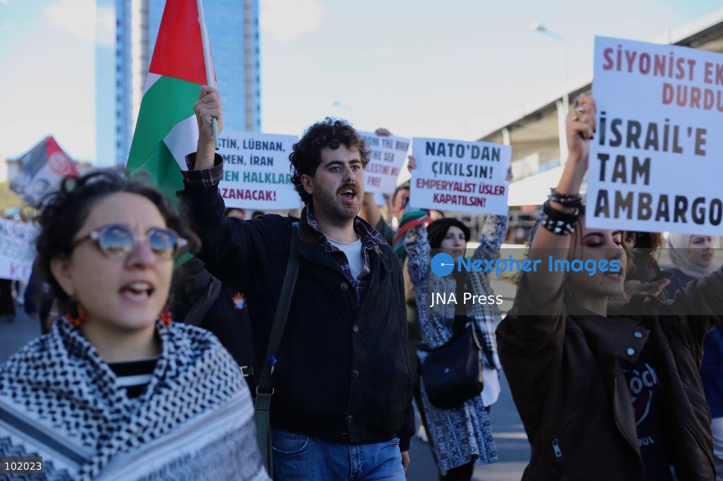 ISTANBUL, TURKIYE, OCTOBER 4, 2026: Demonstrators from left-wing and socialist organizations march from Taksim toward Dolmabahce in Istanbul in solidarity with Palestinians. Participants carried Palestinian flags and chanted slogans while protesting Israel’s military operations in Gaza and calling attention to the humanitarian situation facing Palestinians. Photo by Dilara Acikgoz / JNA Press. (Photo by Dilara Acikgoz/JNA Press via Nexpher Images)