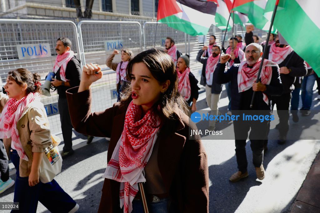 ISTANBUL, TURKIYE, OCTOBER 4, 2026: Demonstrators from left-wing and socialist organizations march from Taksim toward Dolmabahce in Istanbul in solidarity with Palestinians. Participants carried Palestinian flags and chanted slogans while protesting Israel’s military operations in Gaza and calling attention to the humanitarian situation facing Palestinians. Photo by Dilara Acikgoz / JNA Press. (Photo by Dilara Acikgoz/JNA Press via Nexpher Images)
