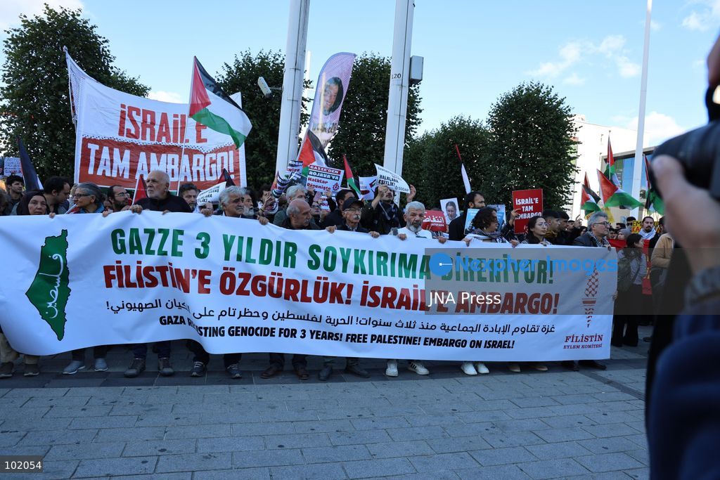 ISTANBUL, TURKIYE, OCTOBER 4, 2026: Hundreds of demonstrators gather outside the Ataturk Cultural Center in Taksim before marching toward Dolmabahce during a protest organized by the Palestine Action Committee marking three years since the start of the Gaza war. Participants carried Palestinian flags and called for a full embargo on Israel and an end to commercial and diplomatic ties. The march concluded with a statement by organizers in Dolmabahce. Photo by Ozlem Karayucel / JNA Press. (Photo by Ãzlem Karayücel/JNA Press via Nexpher Images)