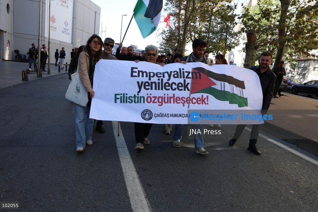 ISTANBUL, TURKIYE, OCTOBER 4, 2026: Hundreds of demonstrators gather outside the Ataturk Cultural Center in Taksim before marching toward Dolmabahce during a protest organized by the Palestine Action Committee marking three years since the start of the Gaza war. Participants carried Palestinian flags and called for a full embargo on Israel and an end to commercial and diplomatic ties. The march concluded with a statement by organizers in Dolmabahce. Photo by Ozlem Karayucel / JNA Press. (Photo by Ãzlem Karayücel/JNA Press via Nexpher Images)