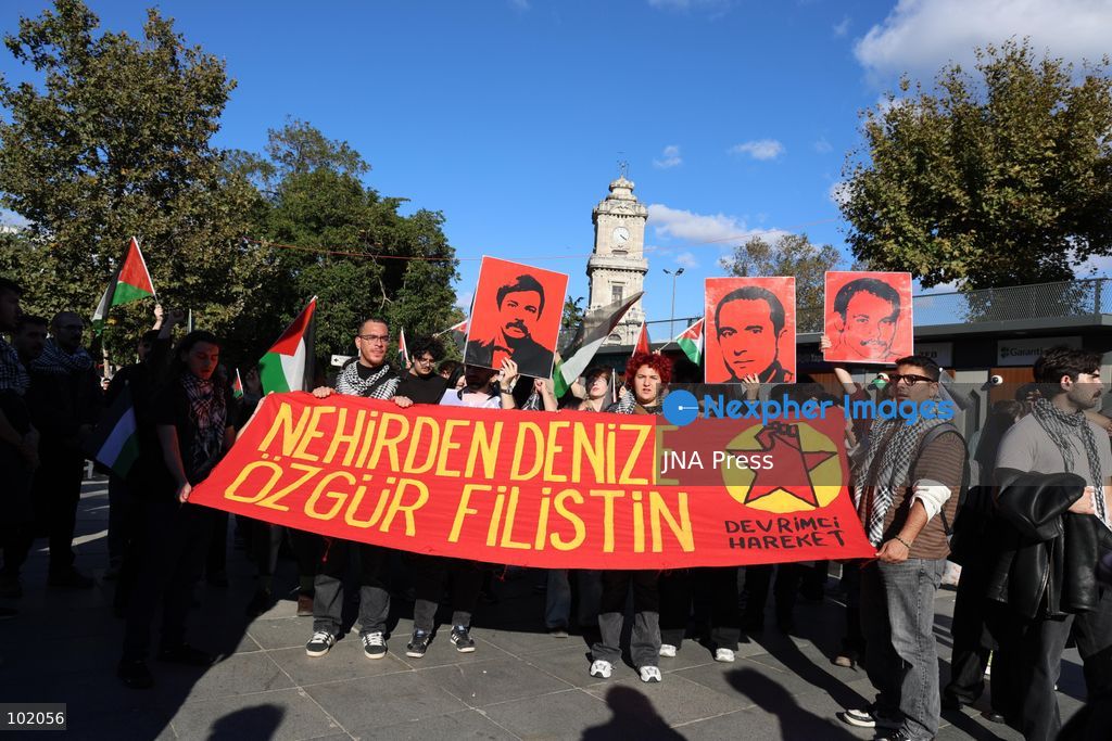 ISTANBUL, TURKIYE, OCTOBER 4, 2026: Hundreds of demonstrators gather outside the Ataturk Cultural Center in Taksim before marching toward Dolmabahce during a protest organized by the Palestine Action Committee marking three years since the start of the Gaza war. Participants carried Palestinian flags and called for a full embargo on Israel and an end to commercial and diplomatic ties. The march concluded with a statement by organizers in Dolmabahce. Photo by Ozlem Karayucel / JNA Press. (Photo by Ãzlem Karayücel/JNA Press via Nexpher Images)