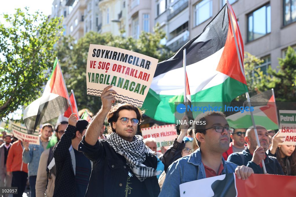 ISTANBUL, TURKIYE, OCTOBER 4, 2026: Hundreds of demonstrators gather outside the Ataturk Cultural Center in Taksim before marching toward Dolmabahce during a protest organized by the Palestine Action Committee marking three years since the start of the Gaza war. Participants carried Palestinian flags and called for a full embargo on Israel and an end to commercial and diplomatic ties. The march concluded with a statement by organizers in Dolmabahce. Photo by Ozlem Karayucel / JNA Press. (Photo by Ãzlem Karayücel/JNA Press via Nexpher Images)
