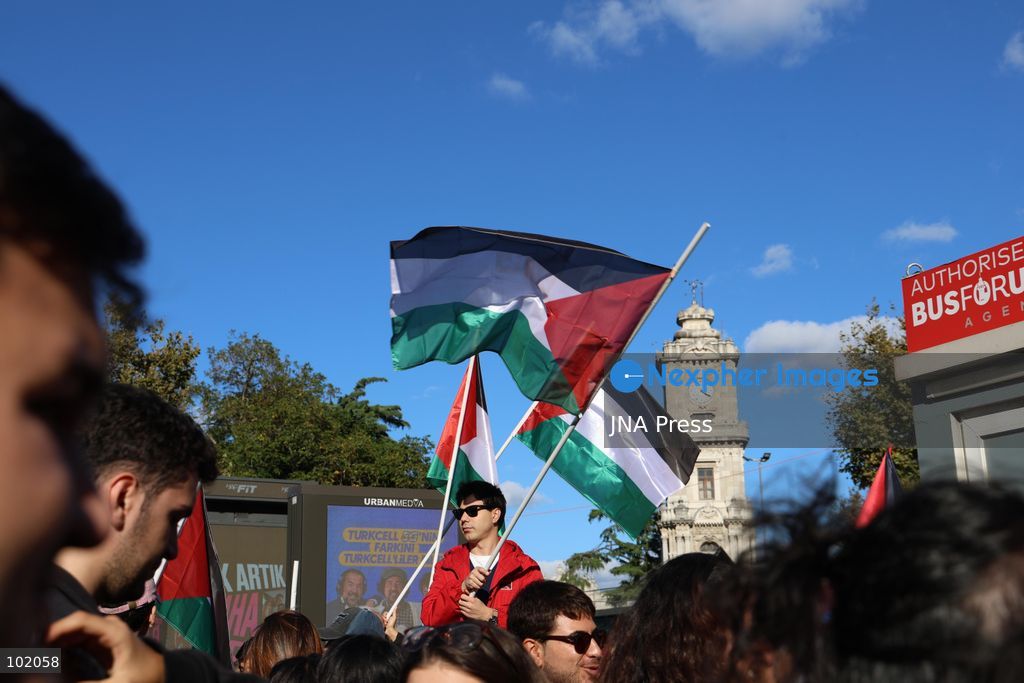 ISTANBUL, TURKIYE, OCTOBER 4, 2026: Hundreds of demonstrators gather outside the Ataturk Cultural Center in Taksim before marching toward Dolmabahce during a protest organized by the Palestine Action Committee marking three years since the start of the Gaza war. Participants carried Palestinian flags and called for a full embargo on Israel and an end to commercial and diplomatic ties. The march concluded with a statement by organizers in Dolmabahce. Photo by Ozlem Karayucel / JNA Press. (Photo by Ãzlem Karayücel/JNA Press via Nexpher Images)