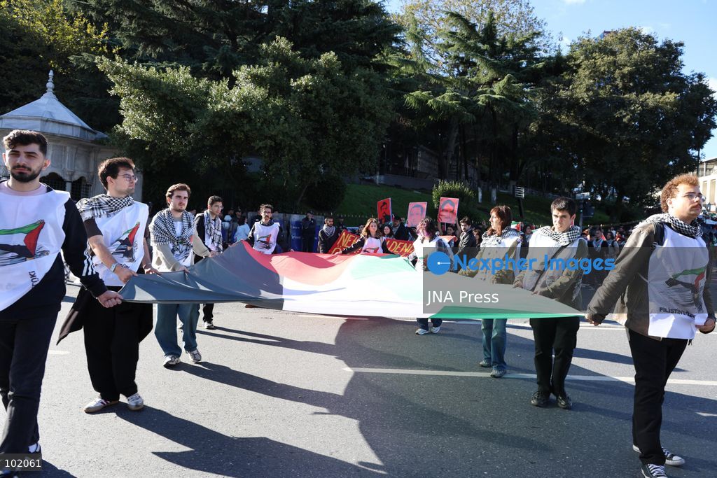 ISTANBUL, TURKIYE, OCTOBER 4, 2026: Hundreds of demonstrators gather outside the Ataturk Cultural Center in Taksim before marching toward Dolmabahce during a protest organized by the Palestine Action Committee marking three years since the start of the Gaza war. Participants carried Palestinian flags and called for a full embargo on Israel and an end to commercial and diplomatic ties. The march concluded with a statement by organizers in Dolmabahce. Photo by Ozlem Karayucel / JNA Press. (Photo by Ãzlem Karayücel/JNA Press via Nexpher Images)