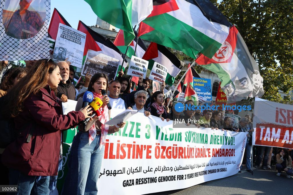 ISTANBUL, TURKIYE, OCTOBER 4, 2026: Hundreds of demonstrators gather outside the Ataturk Cultural Center in Taksim before marching toward Dolmabahce during a protest organized by the Palestine Action Committee marking three years since the start of the Gaza war. Participants carried Palestinian flags and called for a full embargo on Israel and an end to commercial and diplomatic ties. The march concluded with a statement by organizers in Dolmabahce. Photo by Ozlem Karayucel / JNA Press. (Photo by Ãzlem Karayücel/JNA Press via Nexpher Images)