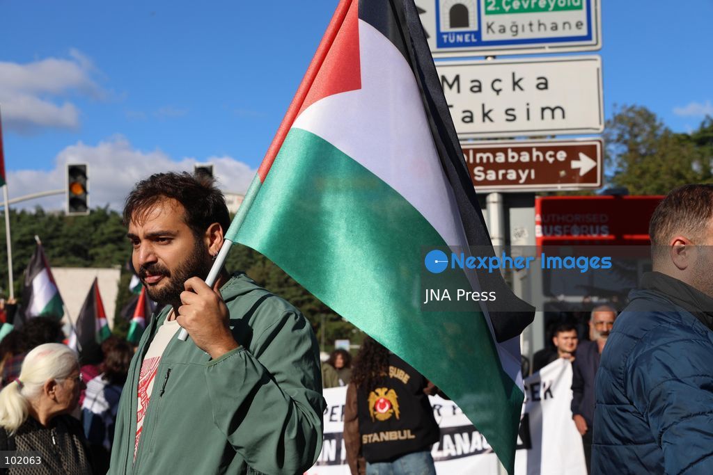 ISTANBUL, TURKIYE, OCTOBER 4, 2026: Hundreds of demonstrators gather outside the Ataturk Cultural Center in Taksim before marching toward Dolmabahce during a protest organized by the Palestine Action Committee marking three years since the start of the Gaza war. Participants carried Palestinian flags and called for a full embargo on Israel and an end to commercial and diplomatic ties. The march concluded with a statement by organizers in Dolmabahce. Photo by Ozlem Karayucel / JNA Press. (Photo by Ãzlem Karayücel/JNA Press via Nexpher Images)