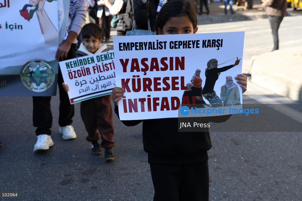 ISTANBUL, TURKIYE, OCTOBER 4, 2026: Hundreds of demonstrators gather outside the Ataturk Cultural Center in Taksim before marching toward Dolmabahce during a protest organized by the Palestine Action Committee marking three years since the start of the Gaza war. Participants carried Palestinian flags and called for a full embargo on Israel and an end to commercial and diplomatic ties. The march concluded with a statement by organizers in Dolmabahce. Photo by Ozlem Karayucel / JNA Press. (Photo by Ãzlem Karayücel/JNA Press via Nexpher Images)