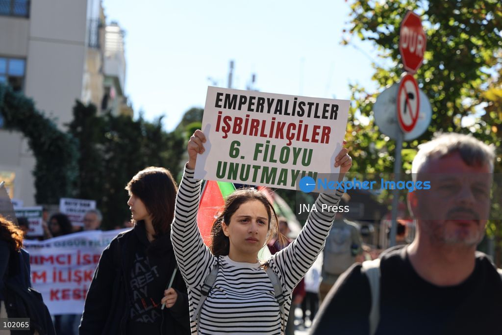 ISTANBUL, TURKIYE, OCTOBER 4, 2026: Hundreds of demonstrators gather outside the Ataturk Cultural Center in Taksim before marching toward Dolmabahce during a protest organized by the Palestine Action Committee marking three years since the start of the Gaza war. Participants carried Palestinian flags and called for a full embargo on Israel and an end to commercial and diplomatic ties. The march concluded with a statement by organizers in Dolmabahce. Photo by Ozlem Karayucel / JNA Press. (Photo by Ãzlem Karayücel/JNA Press via Nexpher Images)