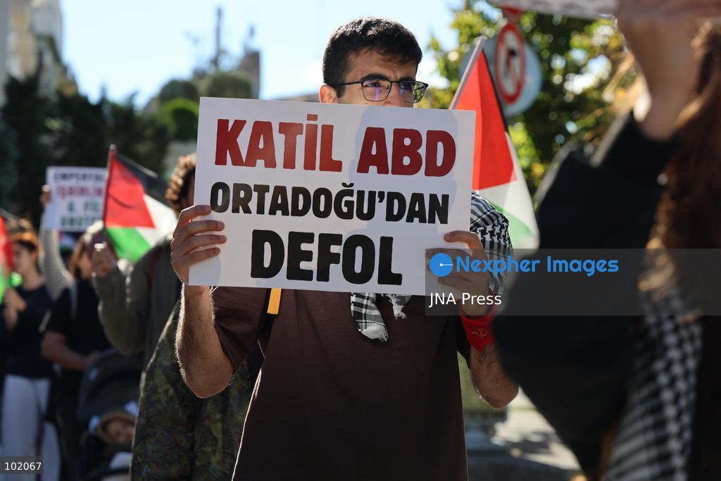 ISTANBUL, TURKIYE, OCTOBER 4, 2026: Hundreds of demonstrators gather outside the Ataturk Cultural Center in Taksim before marching toward Dolmabahce during a protest organized by the Palestine Action Committee marking three years since the start of the Gaza war. Participants carried Palestinian flags and called for a full embargo on Israel and an end to commercial and diplomatic ties. The march concluded with a statement by organizers in Dolmabahce. Photo by Ozlem Karayucel / JNA Press. (Photo by Ãzlem Karayücel/JNA Press via Nexpher Images)