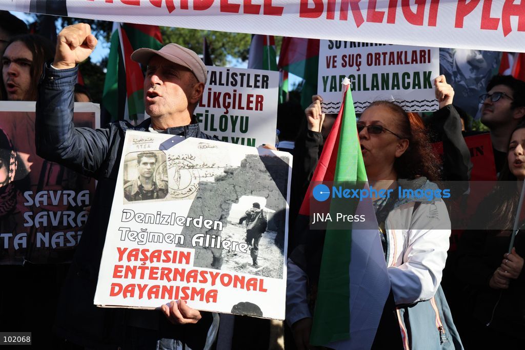 ISTANBUL, TURKIYE, OCTOBER 4, 2026: Hundreds of demonstrators gather outside the Ataturk Cultural Center in Taksim before marching toward Dolmabahce during a protest organized by the Palestine Action Committee marking three years since the start of the Gaza war. Participants carried Palestinian flags and called for a full embargo on Israel and an end to commercial and diplomatic ties. The march concluded with a statement by organizers in Dolmabahce. Photo by Ozlem Karayucel / JNA Press. (Photo by Ãzlem Karayücel/JNA Press via Nexpher Images)