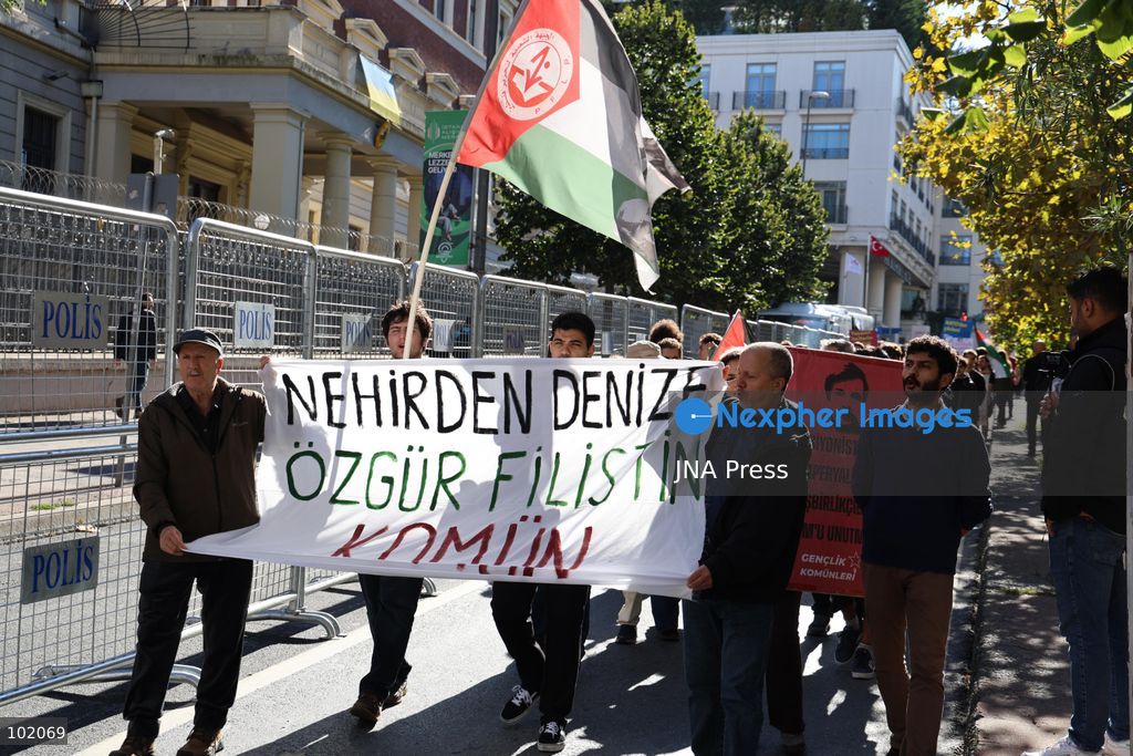 ISTANBUL, TURKIYE, OCTOBER 4, 2026: Hundreds of demonstrators gather outside the Ataturk Cultural Center in Taksim before marching toward Dolmabahce during a protest organized by the Palestine Action Committee marking three years since the start of the Gaza war. Participants carried Palestinian flags and called for a full embargo on Israel and an end to commercial and diplomatic ties. The march concluded with a statement by organizers in Dolmabahce. Photo by Ozlem Karayucel / JNA Press. (Photo by Ãzlem Karayücel/JNA Press via Nexpher Images)