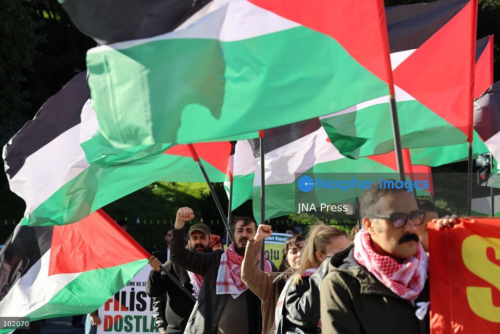 ISTANBUL, TURKIYE, OCTOBER 4, 2026: Hundreds of demonstrators gather outside the Ataturk Cultural Center in Taksim before marching toward Dolmabahce during a protest organized by the Palestine Action Committee marking three years since the start of the Gaza war. Participants carried Palestinian flags and called for a full embargo on Israel and an end to commercial and diplomatic ties. The march concluded with a statement by organizers in Dolmabahce. Photo by Ozlem Karayucel / JNA Press. (Photo by Ãzlem Karayücel/JNA Press via Nexpher Images)