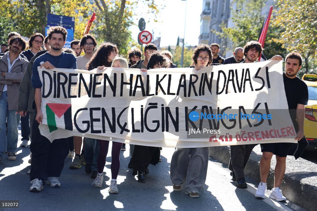 ISTANBUL, TURKIYE, OCTOBER 4, 2026: Hundreds of demonstrators gather outside the Ataturk Cultural Center in Taksim before marching toward Dolmabahce during a protest organized by the Palestine Action Committee marking three years since the start of the Gaza war. Participants carried Palestinian flags and called for a full embargo on Israel and an end to commercial and diplomatic ties. The march concluded with a statement by organizers in Dolmabahce. Photo by Ozlem Karayucel / JNA Press. (Photo by Ãzlem Karayücel/JNA Press via Nexpher Images)
