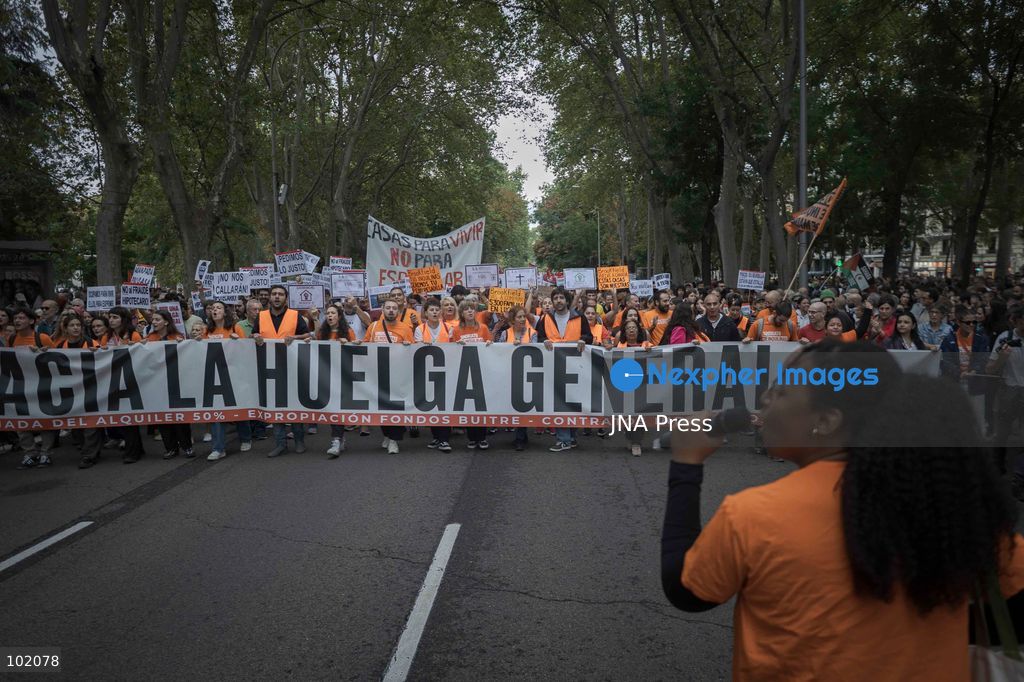 TOP PICS - MADRID, SPAIN – OCTOBER 3, 2026: Tens of thousands of people took part in a housing rights demonstration in Madrid organized by the Madrid Tenants' Union, which called for a general strike across Spain until measures against real estate speculation in Madrid are approved. The march came one week after a large protest encampment began at Puerta del Sol. The encampment prompted the government to approve two decrees containing housing measures demanded by activists, although Parliament rejected the measures the previous Friday. Demonstrators marched through Madrid as part of the ongoing campaign over housing rights and measures addressing real estate speculation. Photo by JAIRO VARGAS / JNA Press. (Photo by Jairo Vargas MartÃn/JNA Press via Nexpher Images)