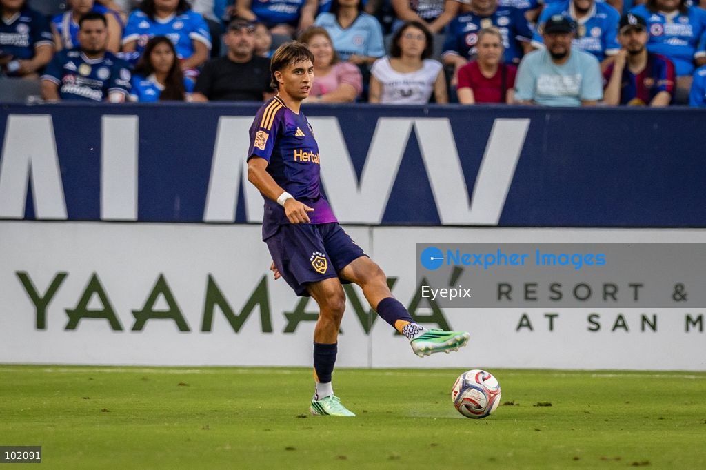 Julián Aude #3 of Los Angeles Galaxy passes the ball during the friendly football match  between Los Angeles Galaxy and Cruz Azul at Dignity Health Sport Park. on October 4, 2026 in Carson, California. (Photo by Arturo Cordero/ Eyepix Group) (Photo by Arturo Cordero/ Eyepix Group/Eyepix via Nexpher Images)