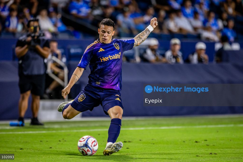 Lucas Calegari #2 of Los Angeles Galaxy shoots the ball during the friendly football match between Los Angeles Galaxy and Cruz Azul at Dignity Health Sport Park. on October 4, 2026 in Carson, California. (Photo by Arturo Cordero/ Eyepix Group) (Photo by Arturo Cordero/ Eyepix Group/Eyepix via Nexpher Images)