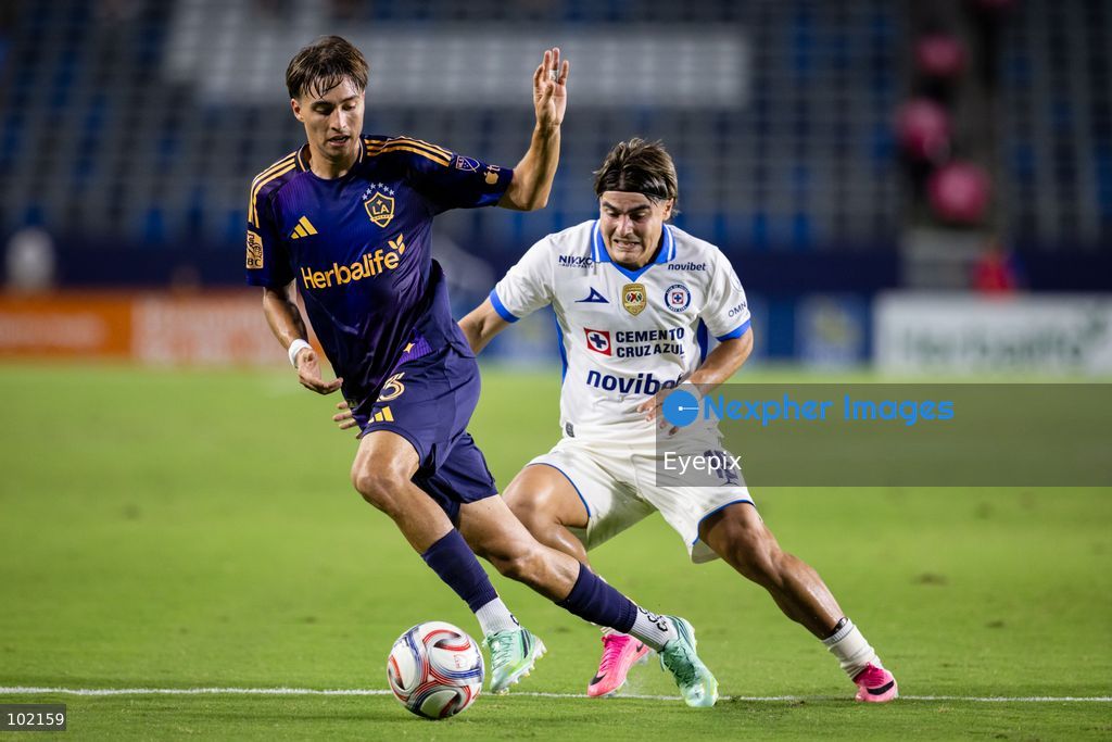 Julián Aude #3 of Los Angeles Galaxy is pressured by Luka Romero #18 of Cruz Azul battle for the ball during the friendly football match between Los Angeles Galaxy and Cruz Azul at Dignity Health Sport Park. on October 4, 2026 in Carson, California. (Photo by Arturo Cordero/ Eyepix Group) (Photo by Arturo Cordero/ Eyepix Group/Eyepix via Nexpher Images)