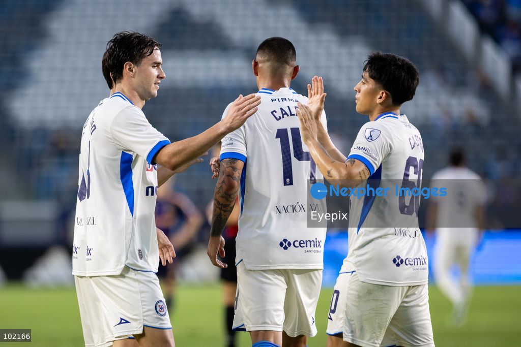 Agustin Palavecino #8 and Ariel Castro #60 of Cruz Azul celebrating after scoring a goal during the friendly football match  between Los Angeles Galaxy and Cruz Azul at Dignity Health Sport Park. on October 4, 2026 in Carson, California. (Photo by Arturo Cordero/ Eyepix Group) (Photo by Arturo Cordero/ Eyepix Group/Eyepix via Nexpher Images)