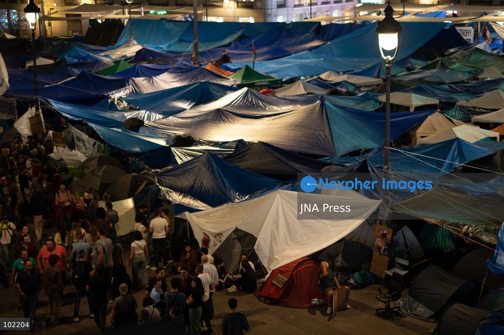 MADRID, SPAIN, OCTOBER 5, 2026: Hundreds of tents remain at Puerta del Sol as housing rights activists continue their protest encampment for a tenth day. The occupation of the central Madrid square began following demonstrations over Spain's housing crisis and the eviction of Maricarmen Abascal, a woman in her eighties whose case became a focal point for protests demanding stronger protections against evictions and greater access to affordable housing. Photo by C. Carvajal / JNA Press. (Photo by C. Carvajal/JNA Press via Nexpher Images)