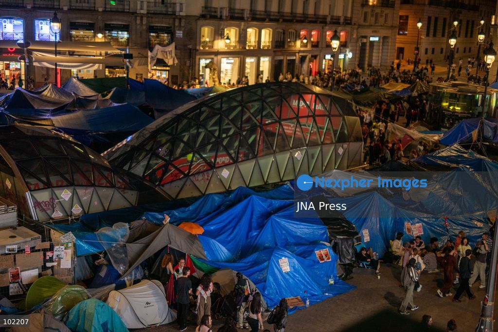 MADRID, SPAIN, OCTOBER 5, 2026: Hundreds of tents remain at Puerta del Sol as housing rights activists continue their protest encampment for a tenth day. The occupation of the central Madrid square began following demonstrations over Spain's housing crisis and the eviction of Maricarmen Abascal, a woman in her eighties whose case became a focal point for protests demanding stronger protections against evictions and greater access to affordable housing. Photo by C. Carvajal / JNA Press. (Photo by C. Carvajal/JNA Press via Nexpher Images)